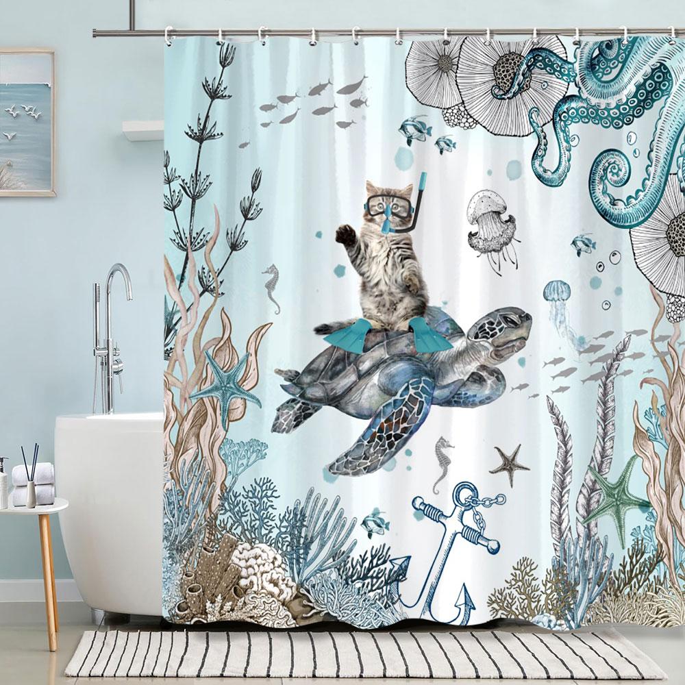 Turtle Shower Curtain Summer Beach Anchor Nautical Starfish Watercolour Art Creative Polyester Shower Curtains Bathroom Decor