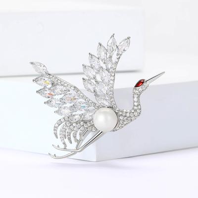Fashion High-End Copper Zircon Red-Crowned Crane Brooch Literary Chinese Style Women'S Clothing Corsage Jewelry Pin