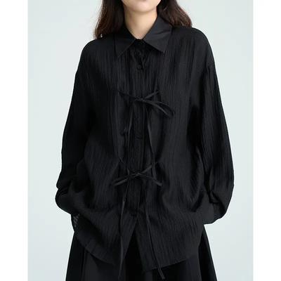 Women's Black Textured Shirt Casual Loose Long Sleeve Tie Front Button-Down Blouse