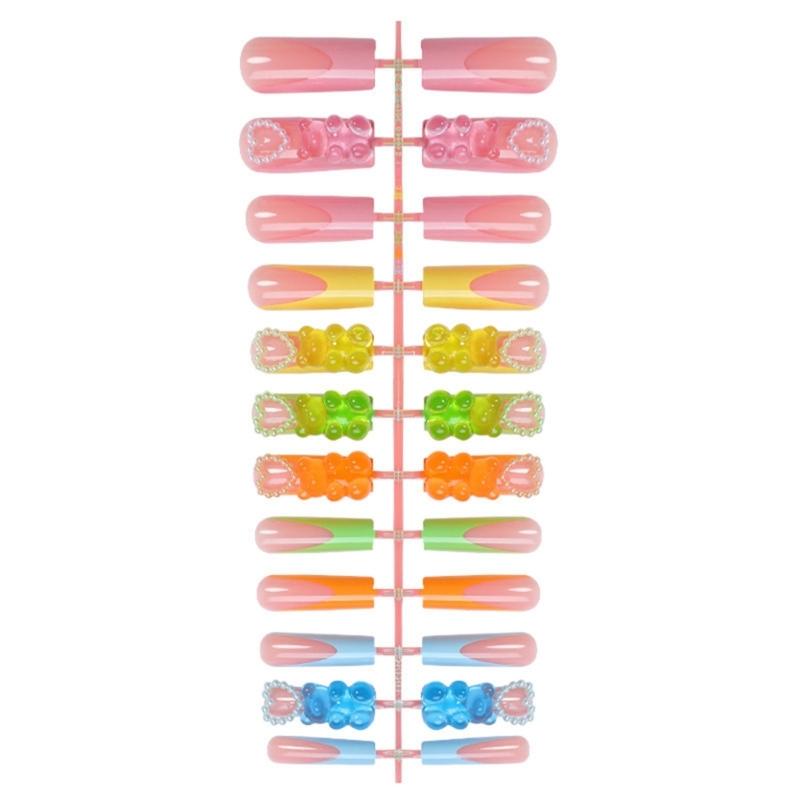 Square Long False Nail With 3D Heart And Bear Decoration Stick on Nail Full Cover Artificial Nail For Special Occasion