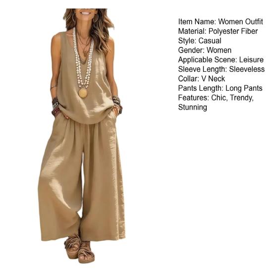 Women's Summer Sleeveless 2 Piece Outfit V Neck Top And Wide Leg Pants Set Casual Vacation Matching Lounge Set