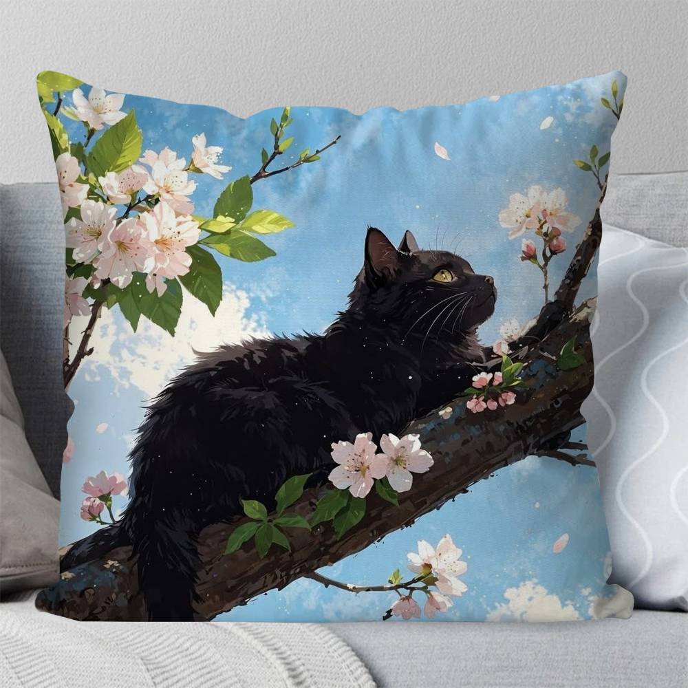 Interesting Black Cat Flower Pillow Case Fashion Square Pillowcase Bedroom Sofa Room Ins Decoration Leisure