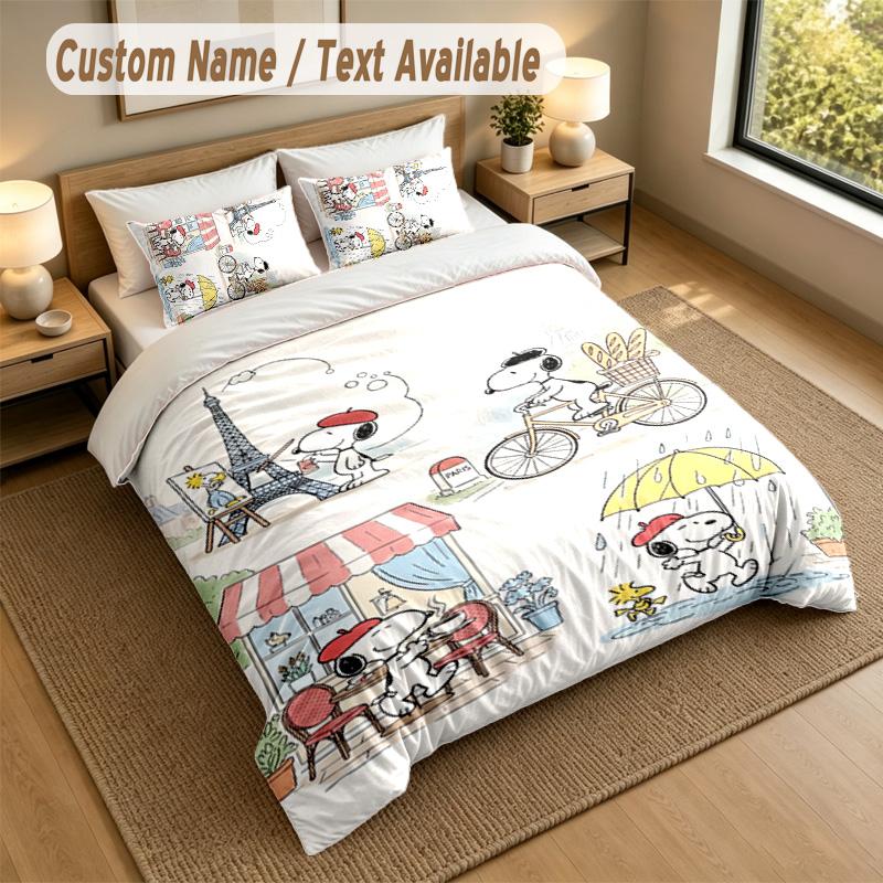 3Pcs Bedding Set Custom Name Text, 1 Sheet 2 Pillowcases Home Bed DecorSnoopy Peanuts