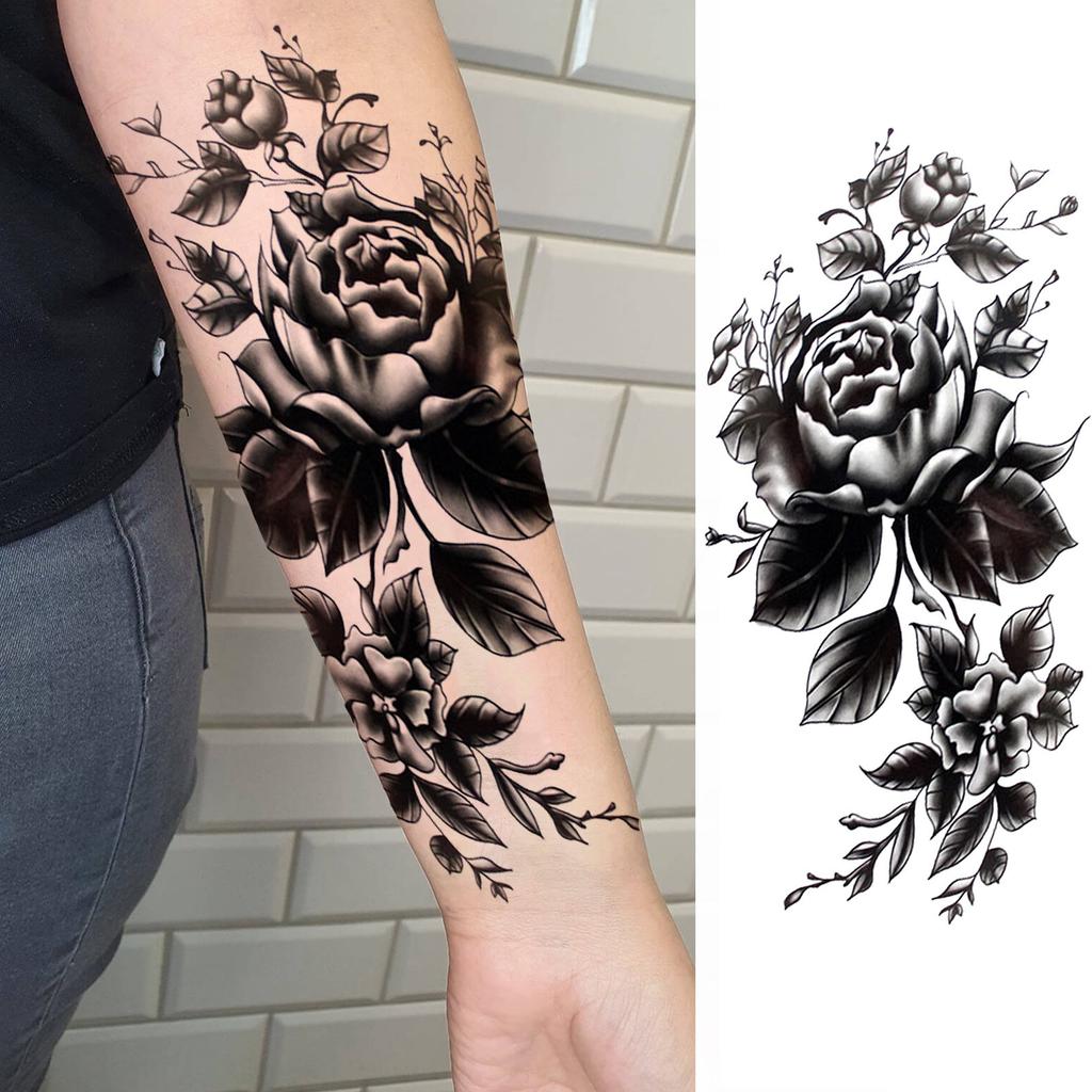 1 Sheet Black Flower Temporary Tattoos For Women Girls Realistic Fake Flora Floral Peony Tattoo Sticker Body Art Painting Decal