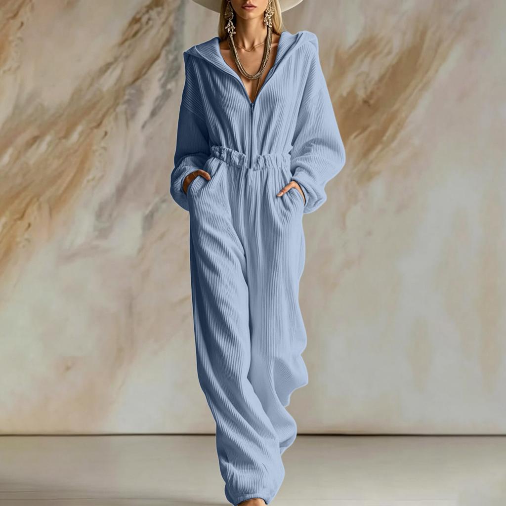 Women's Casual Corduroy Hooded Zip-Up Jumpsuit with Long Sleeves and Loose Fit for Fall and Winter