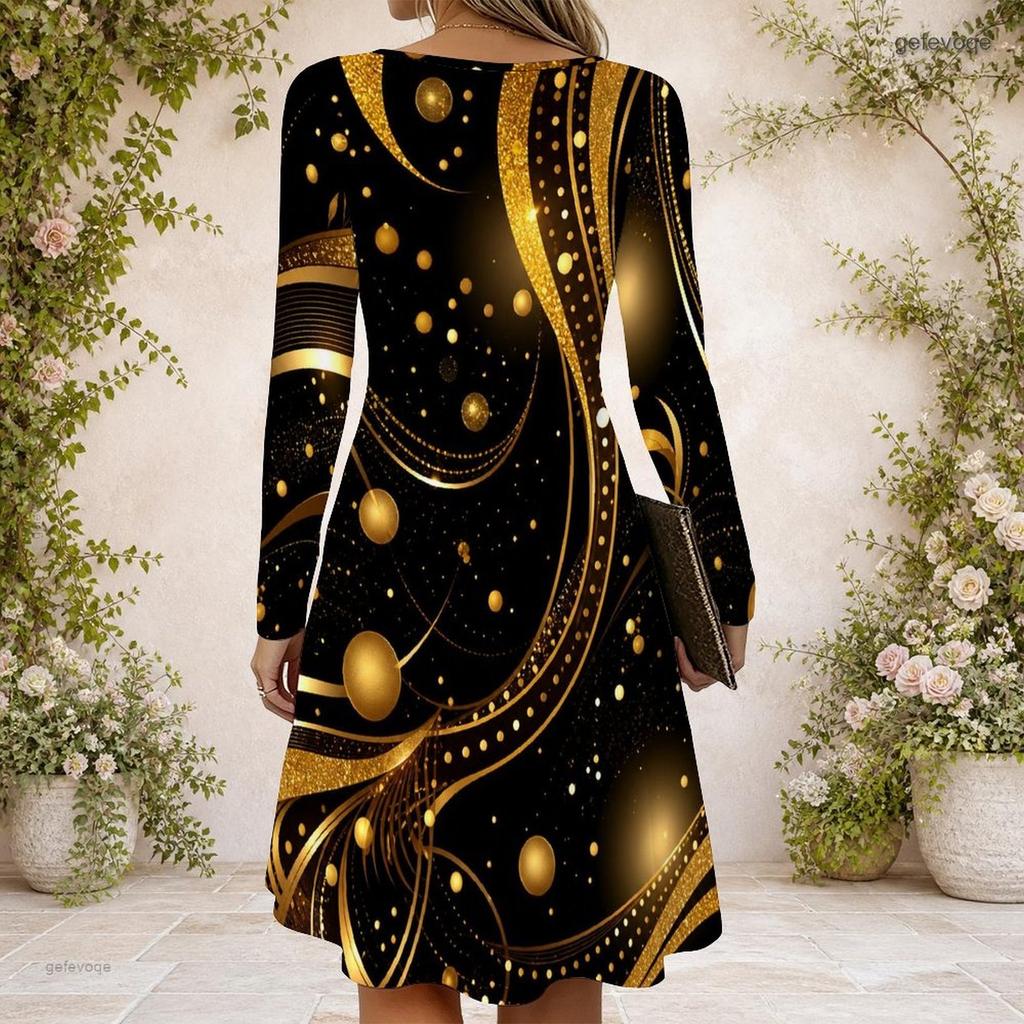 Women s Criss Cross V Neck Long Sleeve Printed Dress Black Blue Green Mandala Curved Hem