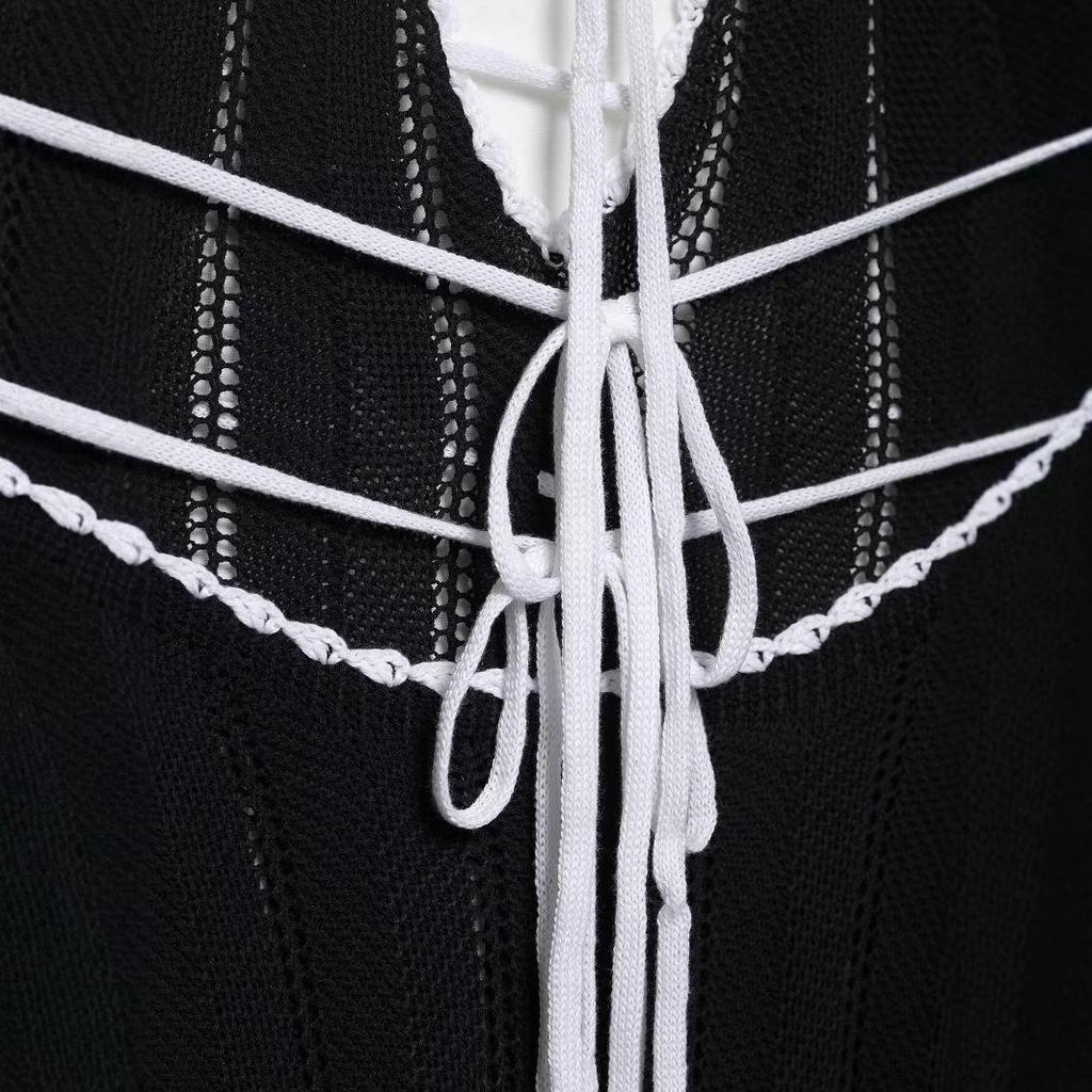 Rochie de primăvară 2025 pentru femei, stil european și american, bloc de culoare, decolteu adânc în V, fără spate, cu șireturi, semi-transparentă