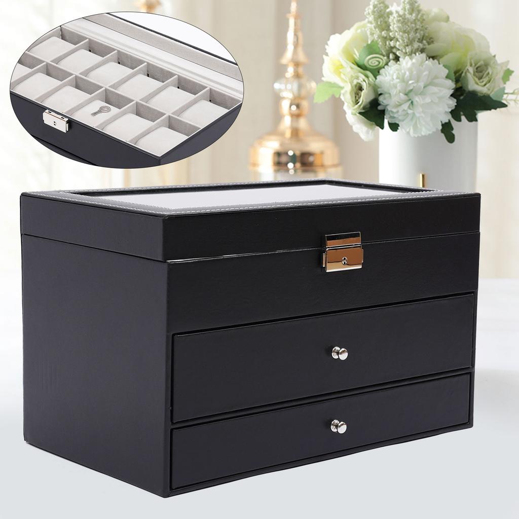 Bymaocar Black 3-Tier Drawer Jewelry Box, 12-Slot Watch Organizer W/ PU Leather & Metal Clasp, Eyeglass & Sunglass Storage Case