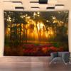 2D Sunrise Forest Tapestry, Golden Sunlight Wall Hanging