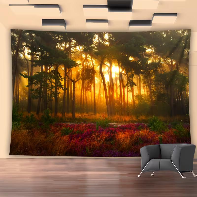 2D Sunrise Forest Tapestry, Golden Sunlight Wall Hanging
