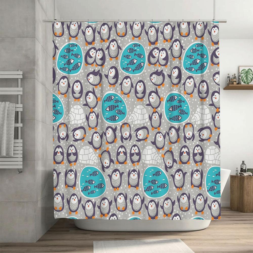 Cute Penguin Shower Curtain Waterproof Farmhouse Bathroom Decor Set Blue Gray Modern Coastal Ocean Animal Pattern Fabric Backdro
