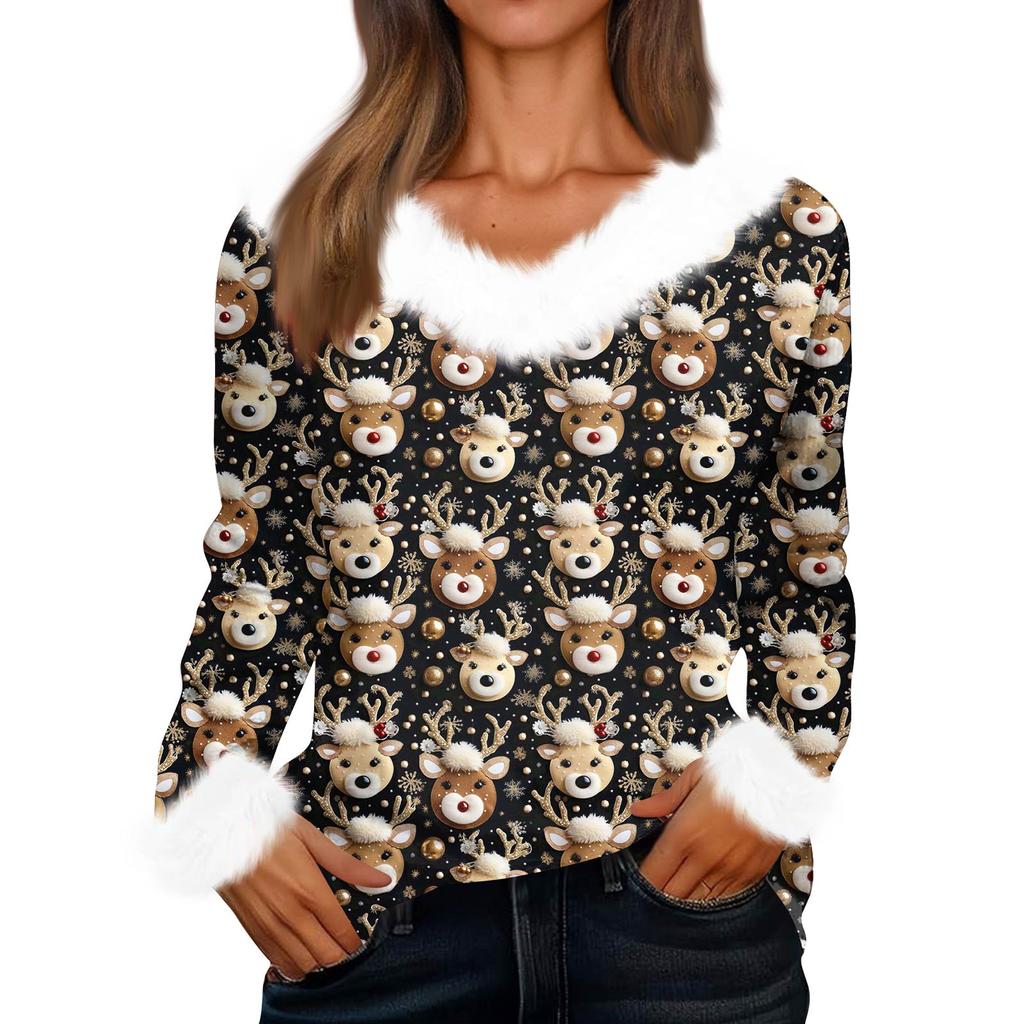 Damen Modisches Lässiges V-Ausschnitt Weihnachts-Print Langarm-Oberteil