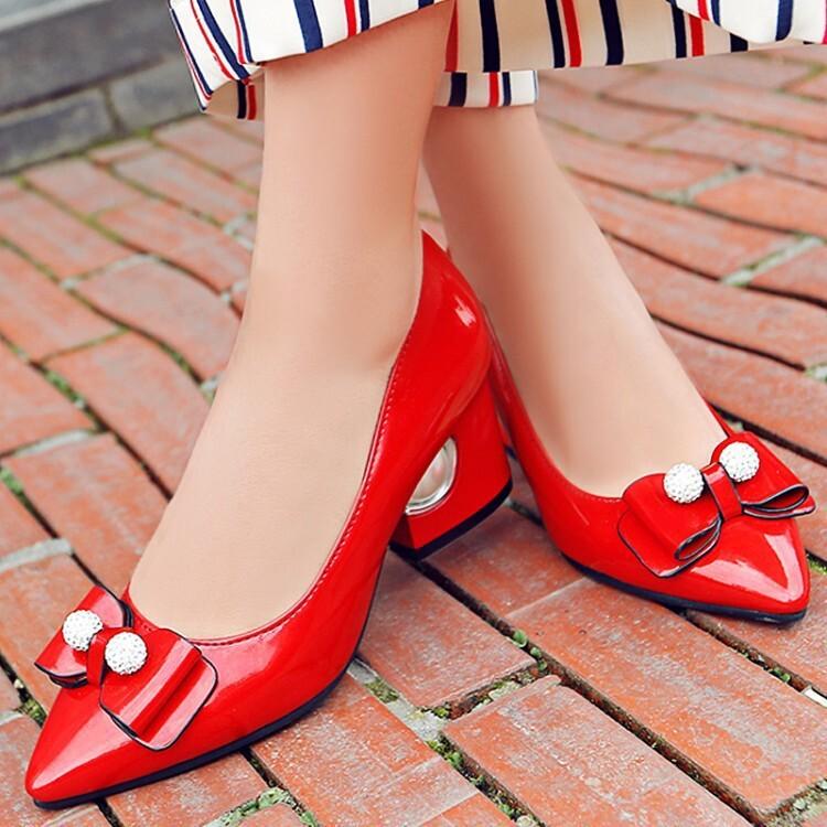 Spring, summer and autumn new sweet bow middle heel single shoes women's sexy pointed rhinestone thick heel shoes
