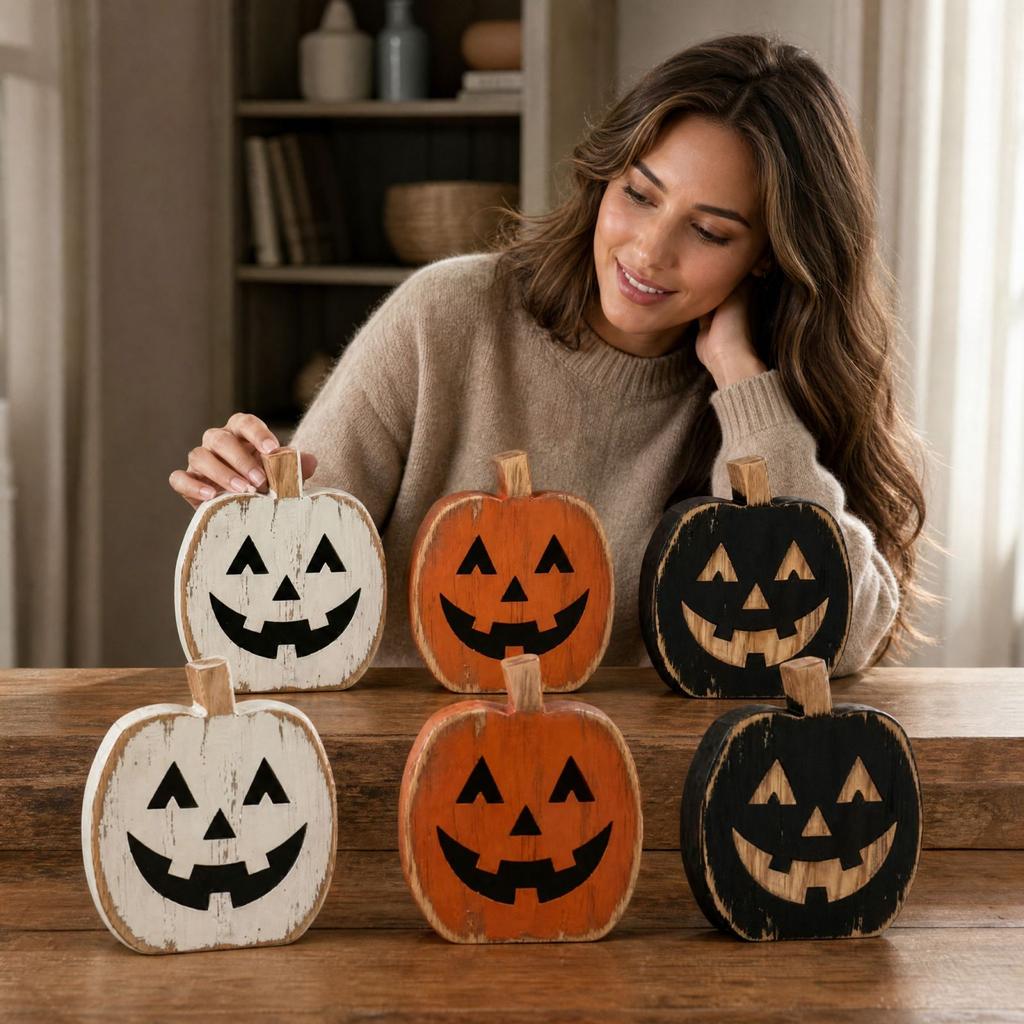 Halloween Wooden Pumpkin Decorations Set of 6 - Rustic Tabletop Centerpiece for Fall Mantel Shelf Party