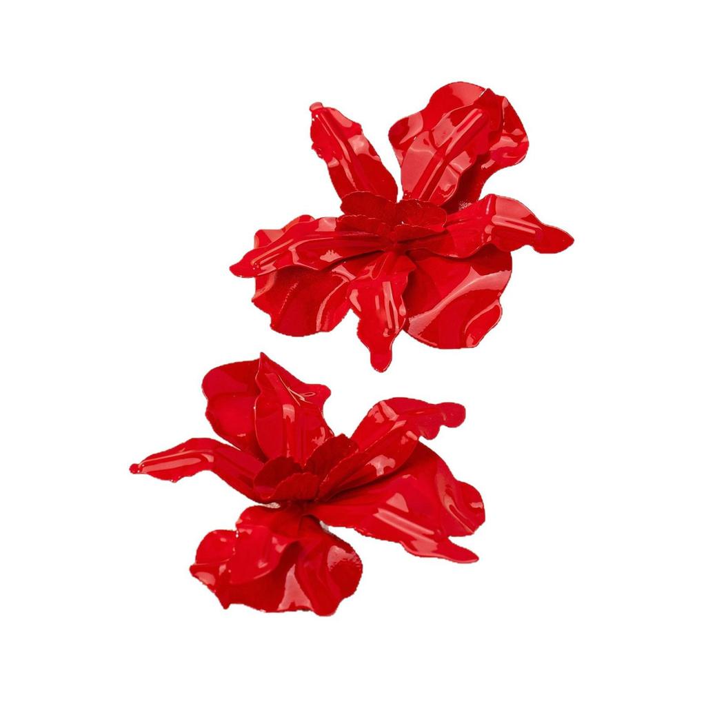 Red Exaggerated Large Flower Metal Spray Painted Earrings