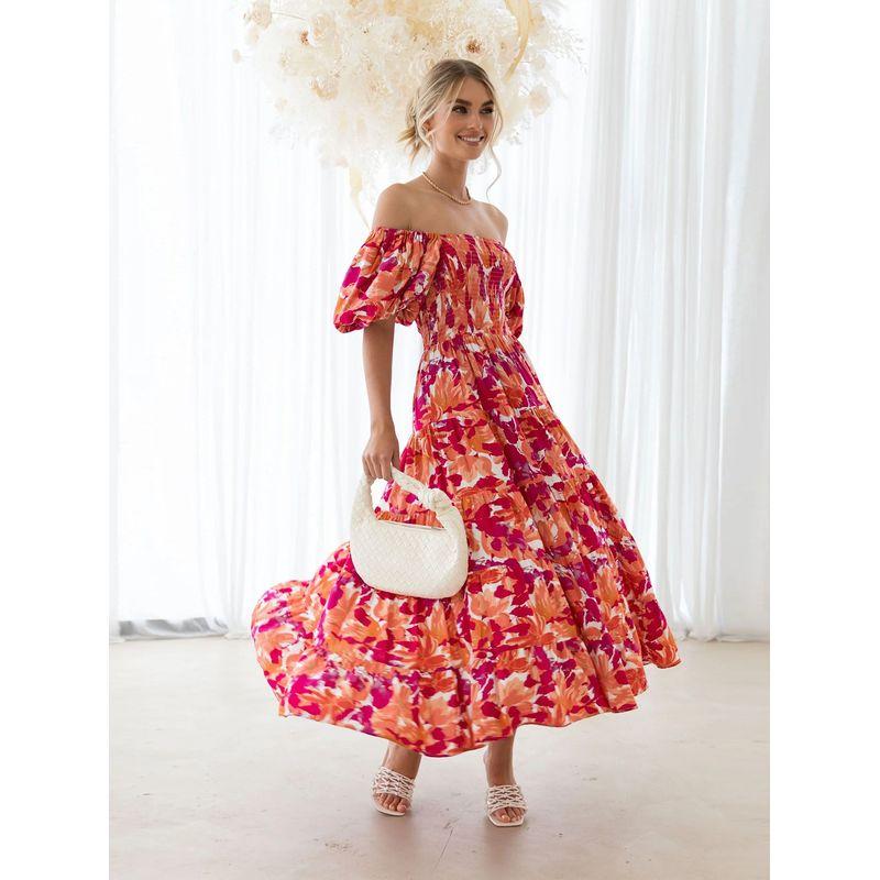 2025 Europe and America Cross Border Spring/Summer New Arrival off-Neck Print Puff Sleeves Silm Mid-Length Tulle Tutu Dress Dress
