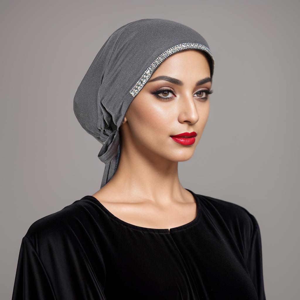 New Modal Rhinestone Band Muslim Turban Hat Inner Hijab Caps Islamic Underscarf Bonnet India Hats Female Headwrap Turbante Mujer