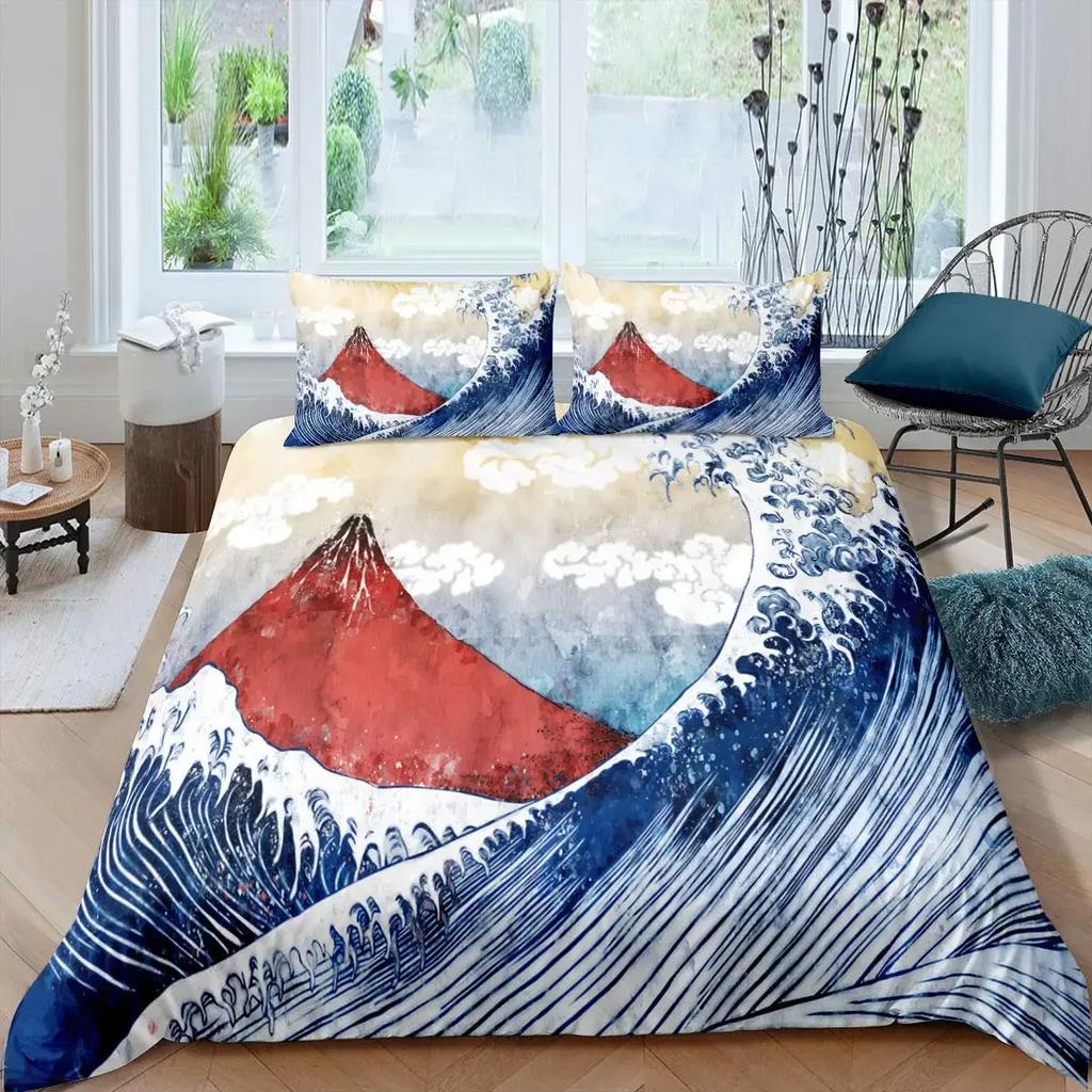 Comforter Japanese Wave King Queen Blue Sea Bedding Set Maple Leaf Moon Hokusai Ukiyo-E Polyester Comforter