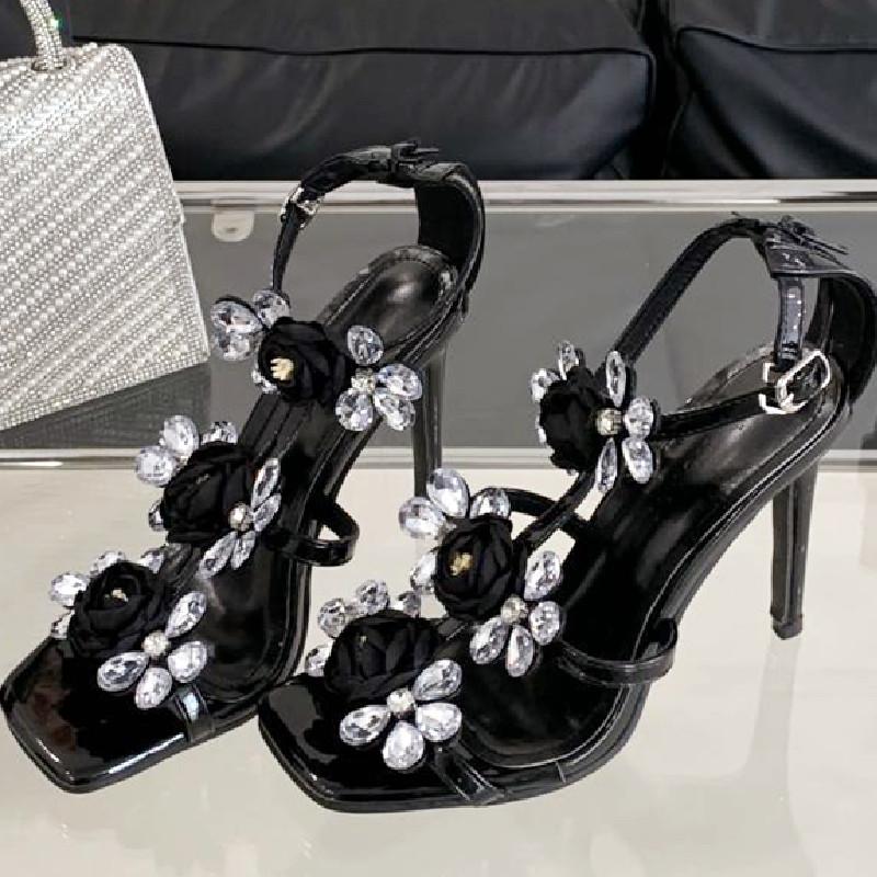 Fashion Luxury Rhinestone Flower Women Sandals Fashion Pointed Toe Thin Heel Roman Shoes Comfortable Open Toe Non-slip Designer Shoes