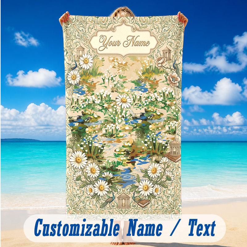 Floral Garden Theme Beach Towel Personalized Custom Name & Text Soft Quick Dry Beach Towel for Swimming Travel