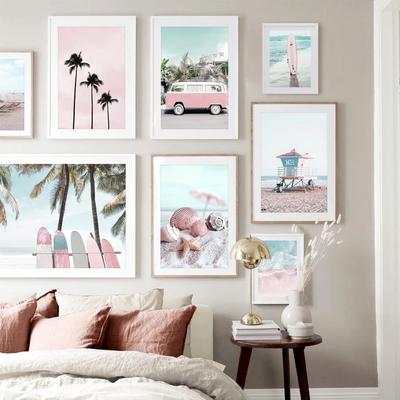 Nordic Pink Bus Beach Palm Surfboard Conch Canvas Painting Wall Art Posters and Prints Wall Pictures for Living Room Home Decor