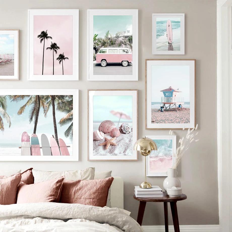 

Nordic Pink Bus Beach Palm Surfboard Conch Canvas Painting Wall Art Posters and Prints Wall Pictures for Living Room Home Decor 21cm×30cm NoFrame