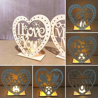 1pc Cute Wooden Heart Sharped LED Candle Lamp Table Ornament Wedding Party Festival Decor