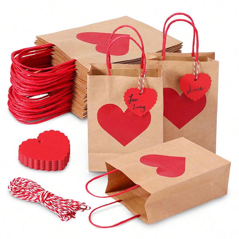 10Pcs/Set Shopping Tote Bag DIY Red Heart Anniversary Party Decor Gift Packing Bags Wedding with Tag Kraft Paper Valentine's Day