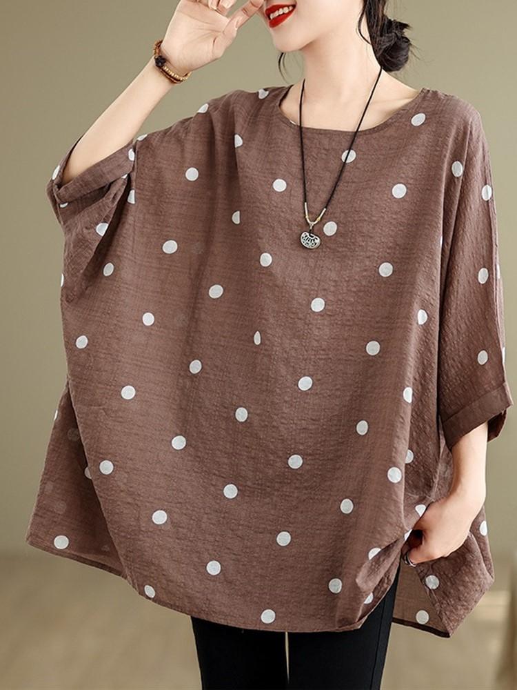 Short Sleeve Oversized Cotton Vintage Polka Casual Loose Summer Tee T Shirt Women T-shirt Woman Tshirt Tops Clothing