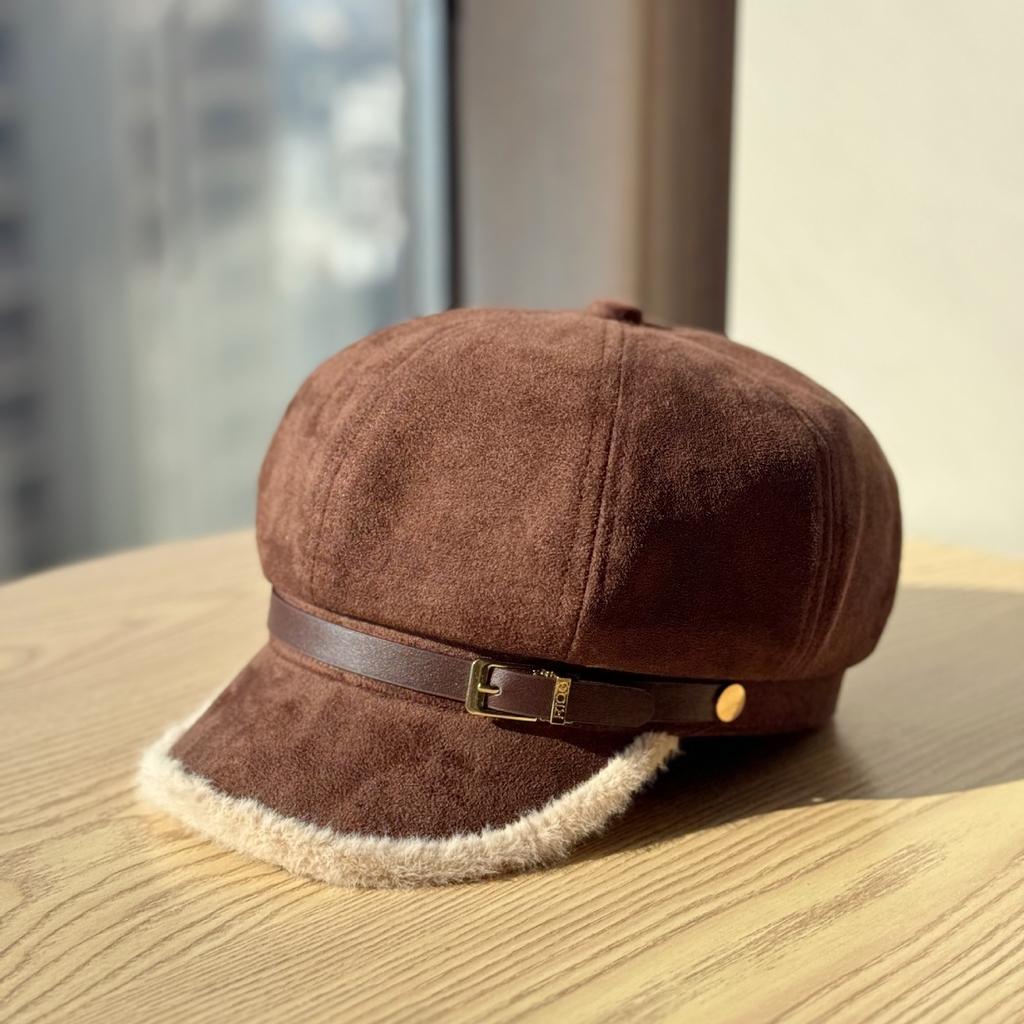 Women S Fashionable Frayed Edge Octagonal Newsboy Cap With Belt Buckle For Autumn Winter