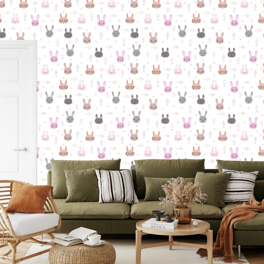 Wallpaper Little Rabbits On a White Background for the Living Room and Bedroom 50x1000
