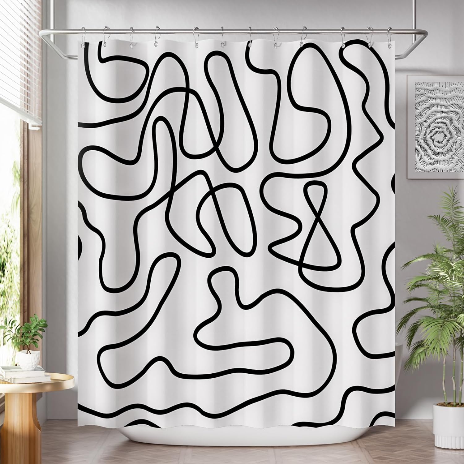 

Washable Cloth Black Shower Curtain Sets With 12 Shower Curtain Hooks, Fabric Rustic Black And White Striped Curtain W60H190(CM)-1 Pcs