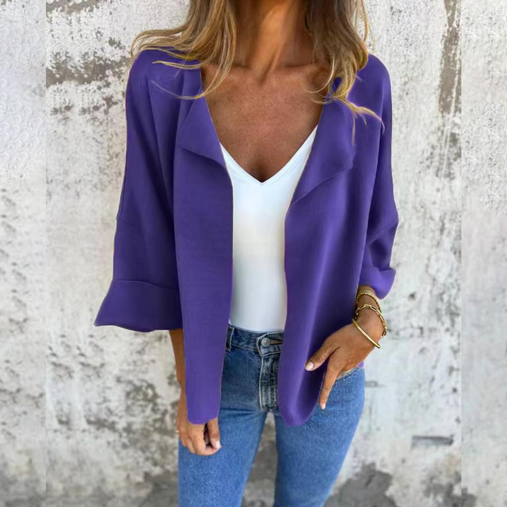 Fashionable Women's Spring  Casual Cardigan Solid Color Lapel Jacket
