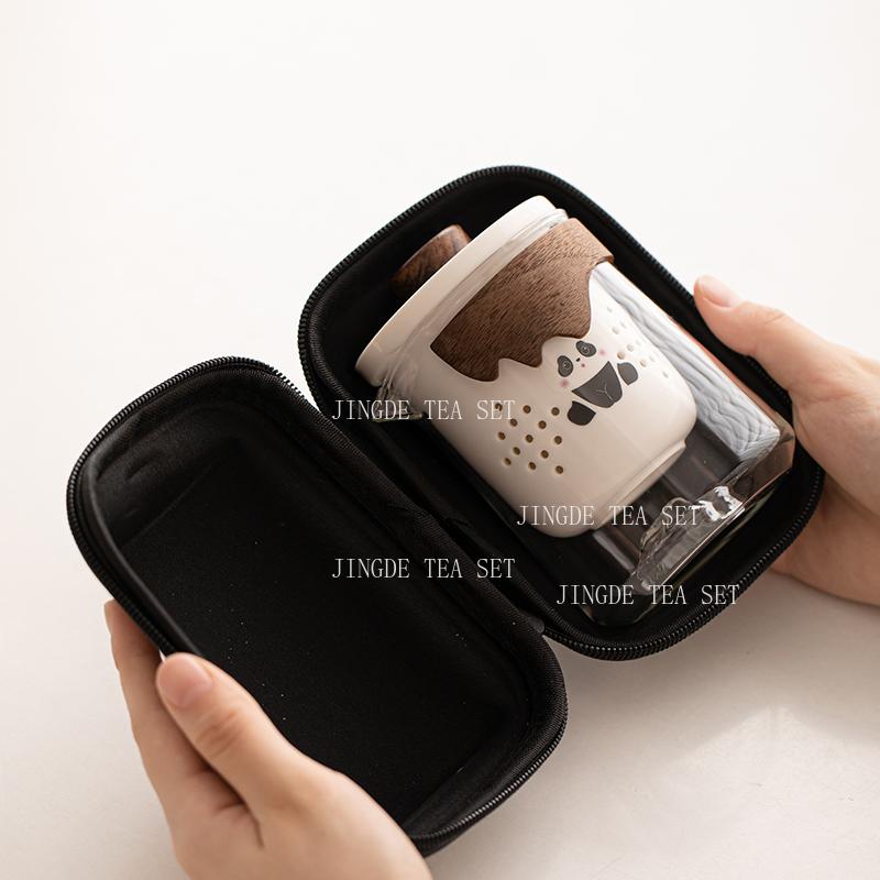 Set Tazze da Tè Portatile Panda in Ceramica Set da Viaggio con 1 Teiera e 4 Tazze da Tè Set per Uso Personale Tazza Kuaike Colorata Sottosmalto per Esterni