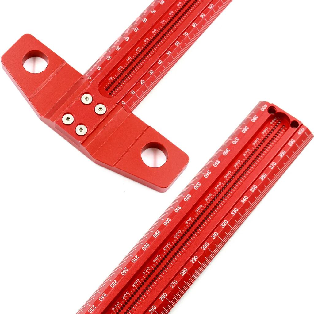 Régua T de marcação de precisão Liga de alumínio Medidor de marcação de escriba para marcenaria Régua de marcação com furo cruzado de luxo Ferramentas de medição