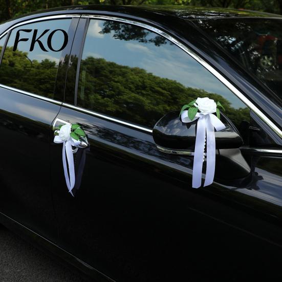 Easy Install Wedding Car Kit Artificial White Rose Decoration, Door Handle & Rearview Mirror Flower Bouquet Weather Resistant Flowers with Satin