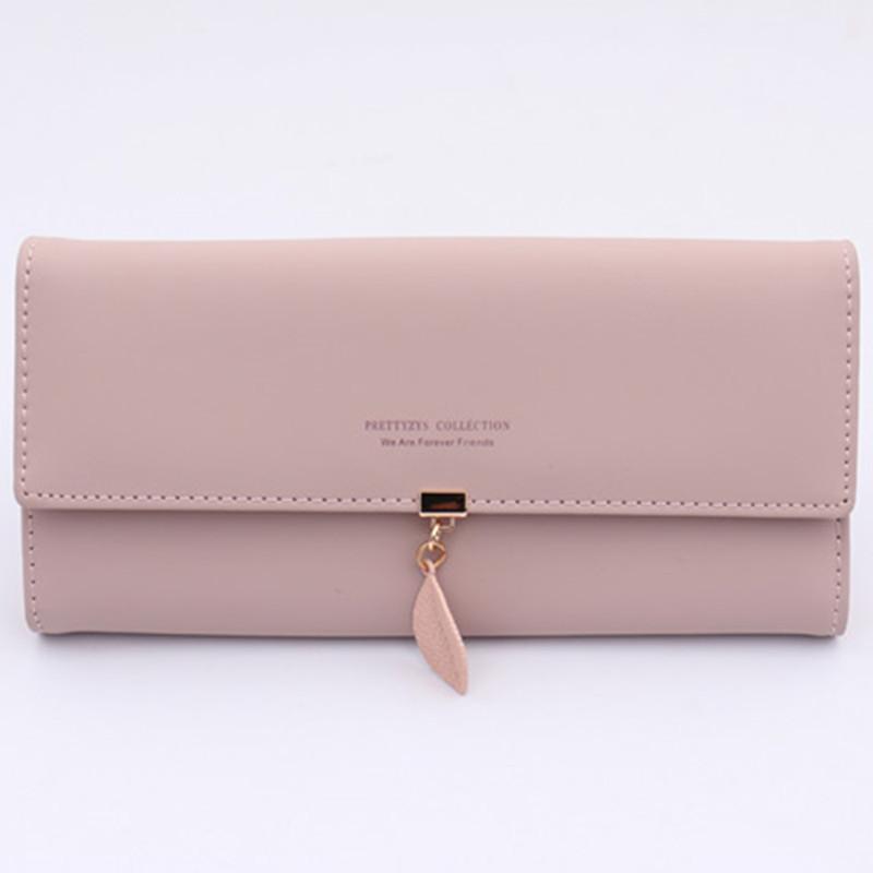 Women Long Wallet Korean PU Leather Leaf Pendant Tri-fold Bag Multi Function Clutch Large Capacity