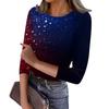 Damski casualowy modny top z okrągłym dekoltem, nadrukiem Dnia Niepodległości i rękawem 3/4, prążkowany