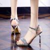 Fashion Comemore Silver Rhinestone Open-toe High-heeled Sandals for Women Sexy Thin Heel Ladies Summer New Square Toe Sandales Femmes