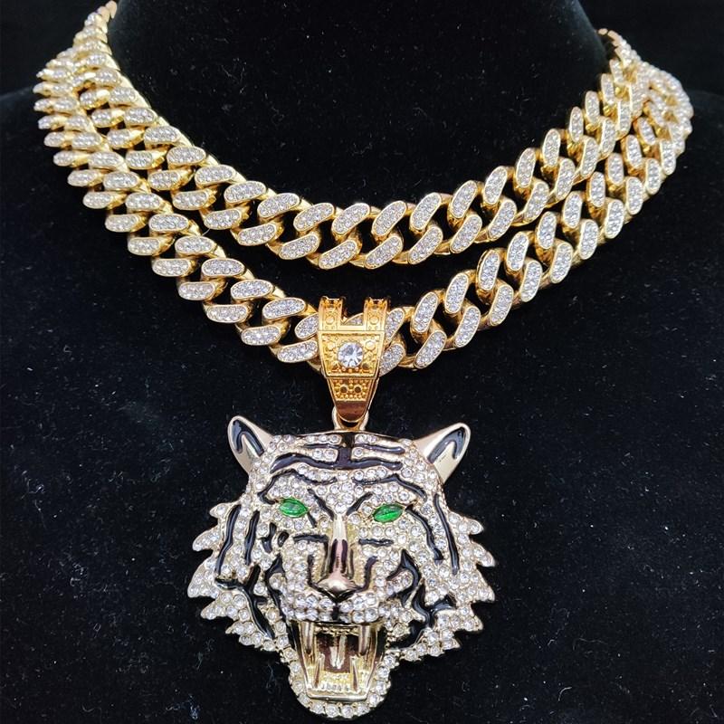 Hip Hop 3D Tiger Hängsmycke Halsband med 13 mm Kristall kubansk kedja HipHop Iced Out Bling Halsband Män Kvinnor Mode Charm Smycken