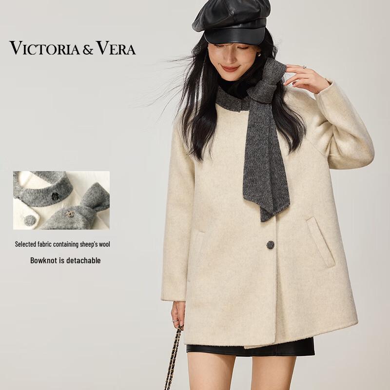 

VICTORIA&VERA Women s Winter MIU Series Long-Sleeve Double-Faced Wool Coat with Detachable Bow L