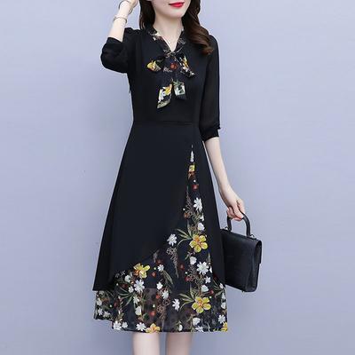 Middle-aged Temperament Mother Fake Two-piece A-line Skirt Autumn Dress Socialite Sense Large Size Women's Chiffon Floral Dress