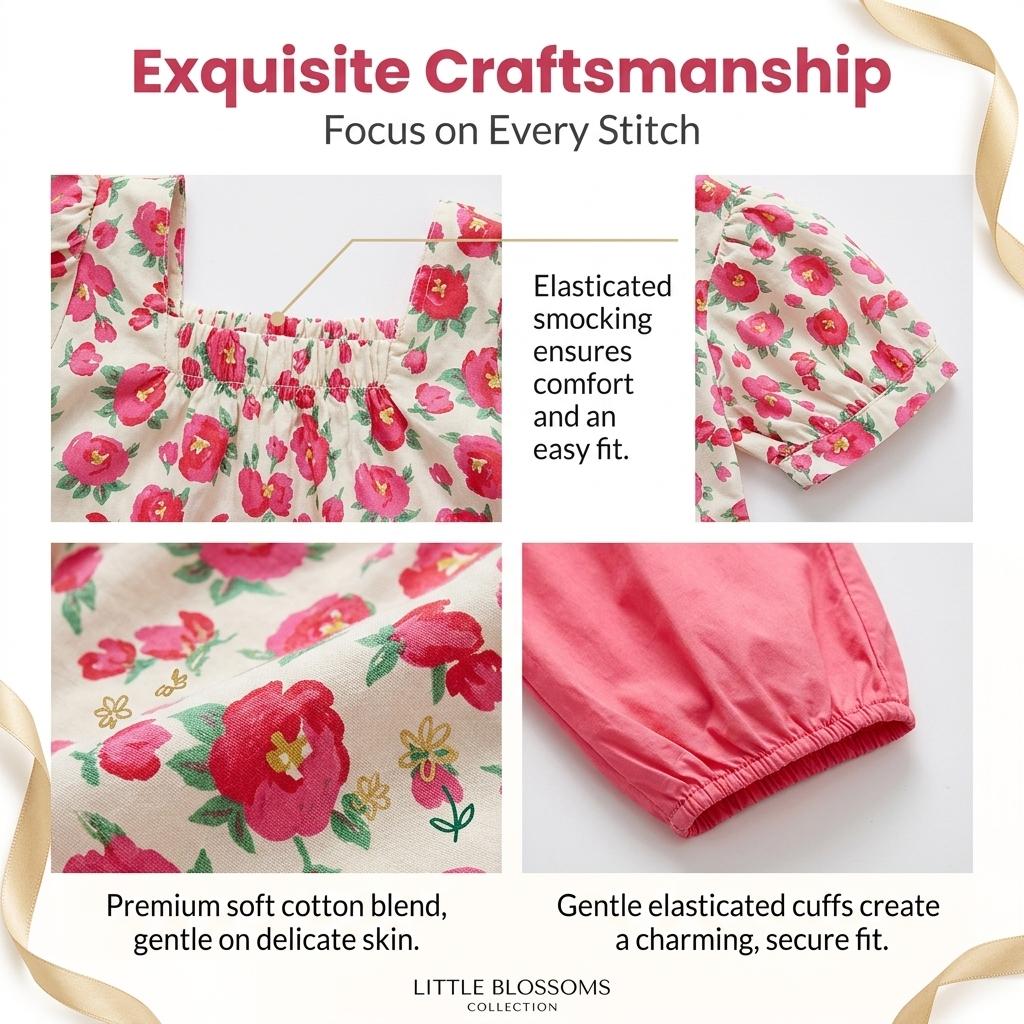 New Stylish Summer Outfit For Girls: Short-Sleeved Floral Dress With Square Collar For Little Girls And Toddlers Casual And Fashionable