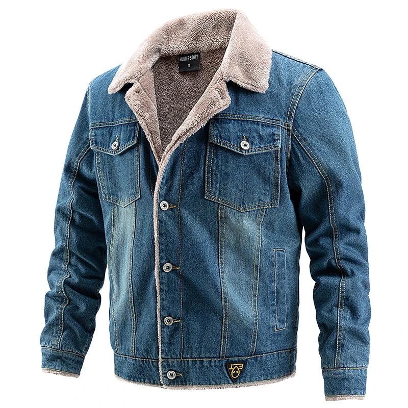 

Men Autumn and Winter Denim Jackets Fleece Solid Lapel Fashion Motorcycle Jeans Hommes Slim Fit Cotton Casual Black Blue Coat XS синий