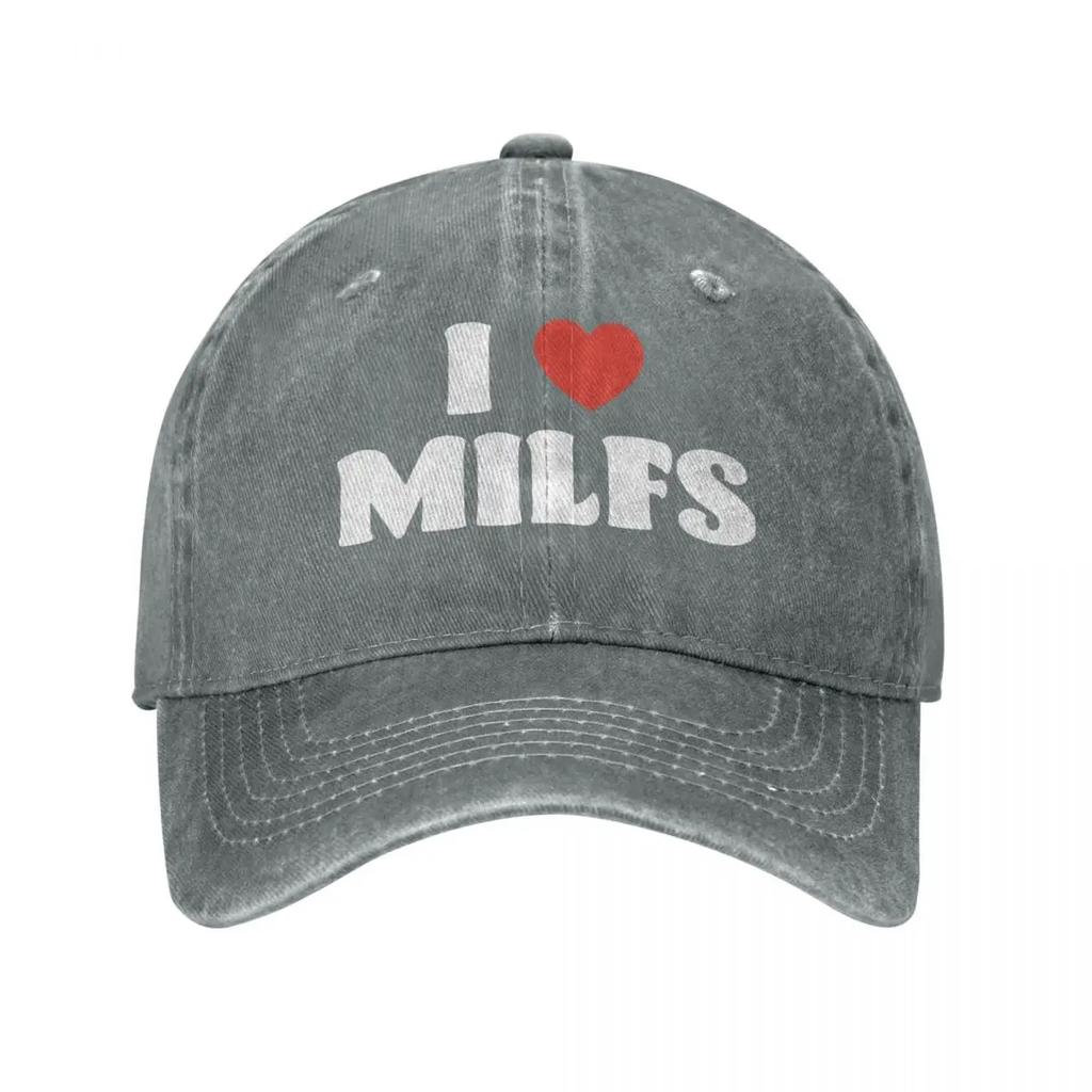 Mote Jeg elsker Milfs baseballcaps unisex-stil slitt denim snapback-hatt utendørsaktiviteter ustrukturert myk caps-hatt
