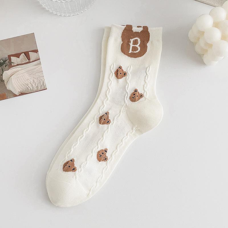 Șosete tub alb bumbac noi de primăvară și vară preppy cu ursuleț desen animat drăguț respirabile transpirate