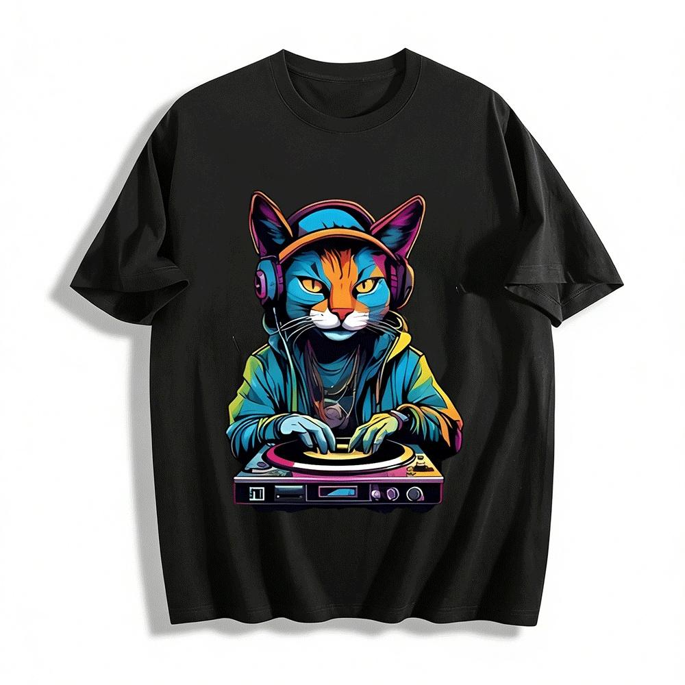 Cool DJ Cat Print Street Style Unisex Casual Top Pure cotton T-shirt XXS