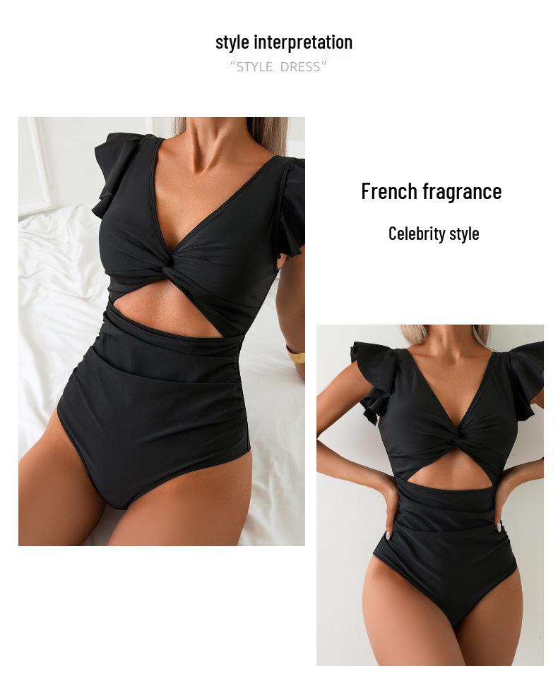 European & American Black Ruffle V-Neck Cut-out One-Piece Swimsuit for Women - Sexy, Slimming Beach Vacation Wear
