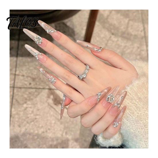Unhas Postiças Gradiente Nude 10 Peças Press on Nails, Kit Completo Rosa Falso, Reutilizável Glitter Luxo Pedraria Cola para Nail Art com Pedrarias, Cobertura