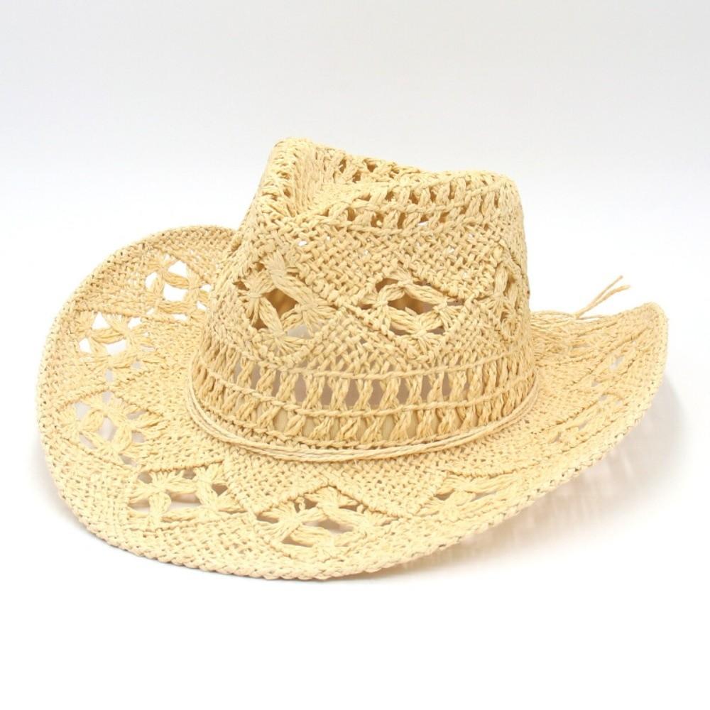 

Vintage Style Bohemian Straw Hat Hollow Out Sun Cowboy Hat New Beach Hat Party бежевый